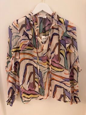 Abstract Ruffle Tie-Neck Blouse - Multicolor NWT